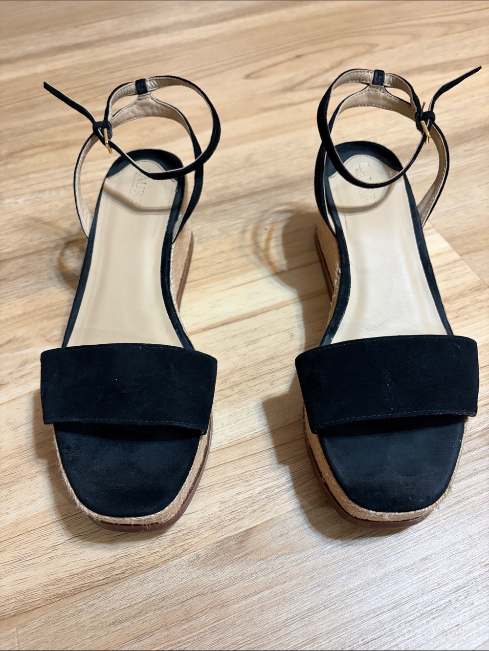 Lauren Ralph Lauren Leona Black Leather Espadrille Wedge Sandals Size 9